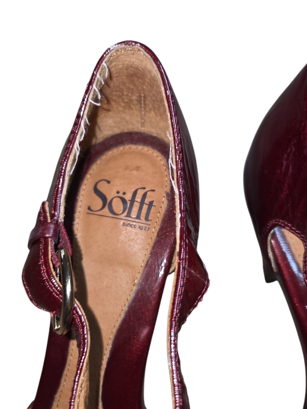 Sofft Burgundy T-Strap Peep-Toe Heels - Picture 3 of 10